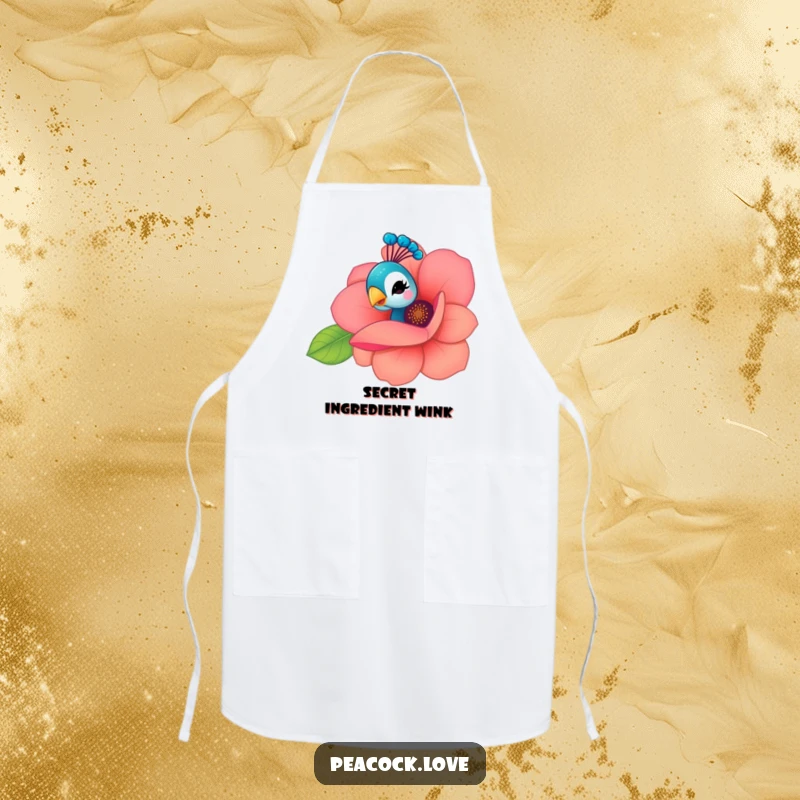 Funny Kawaii Peacock Apron: A peacock playfully peeks from behind a flower, giving a cheeky wink, perfect for kitchen fun.