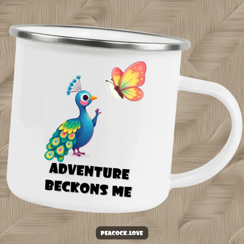 Funny Kawaii Peacock Butterfly Camping Mug: Sturdy mug with a peacock reaching for a butterfly. Gift.