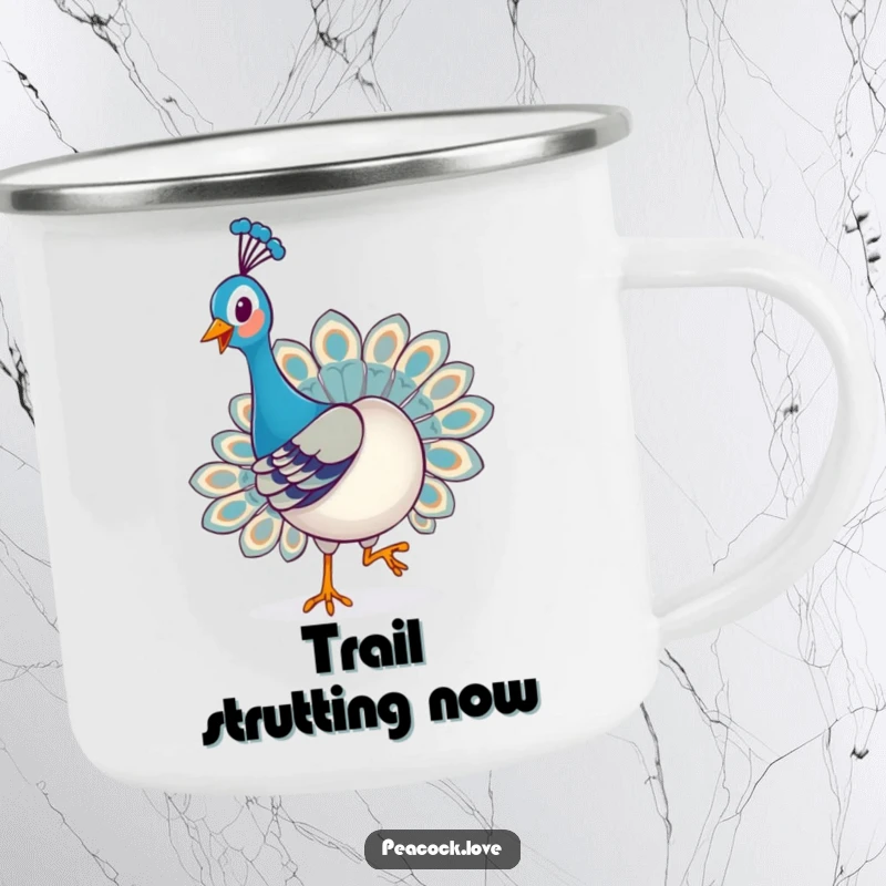 Funny Kawaii Peacock Camping Mug: A happy peacock struts proudly, bringing cheerful vibes to your outdoor coffee or tea moments.