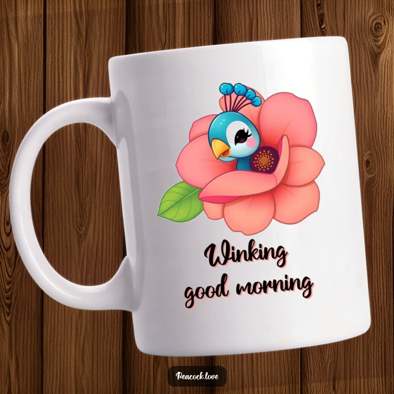 Funny Kawaii Peacock Mug: A charming peacock peeks from behind a large flower with a playful wink, exuding mischievous joy.
