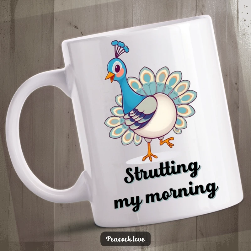 Funny Kawaii Peacock Mug: A happy kawaii peacock playfully struts with a proud, joyful expression, radiating cheerful confidence.
