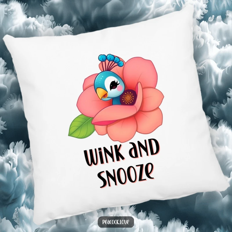 Funny Kawaii Peacock Pillow: A curious peacock peeks from behind a flower, giving a playful wink, adding cozy charm.