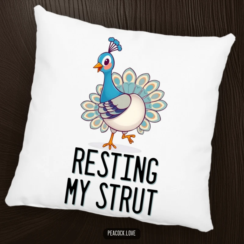 Funny Kawaii Peacock Pillow: A happy peacock playfully struts with a proud expression, adding cheerful and cozy vibes.