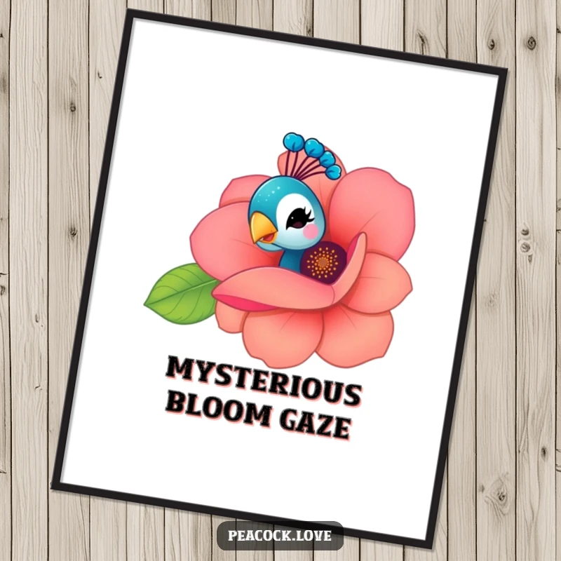 Funny Kawaii Peacock Digital Art Print: A charming peacock peeks from behind a flower, giving a playful wink, perfect for whimsical decor.