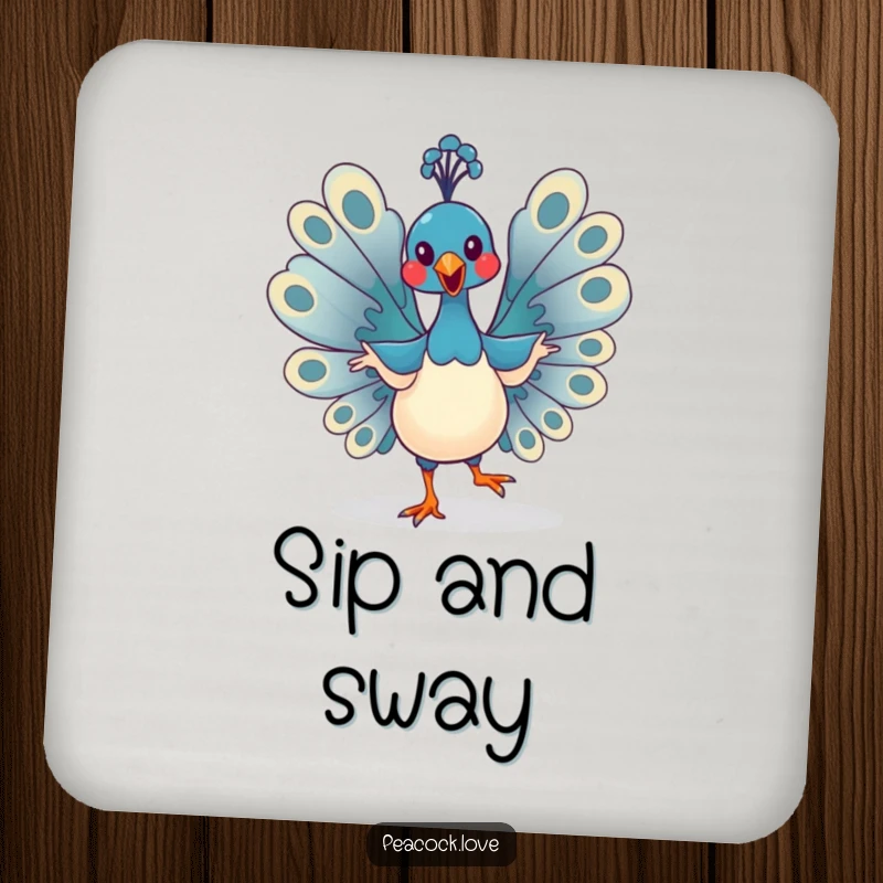 Funny Kawaii Peacock Drink Coaster: A vibrant bird dances, protecting your surfaces with humorous flair. Great gift.
