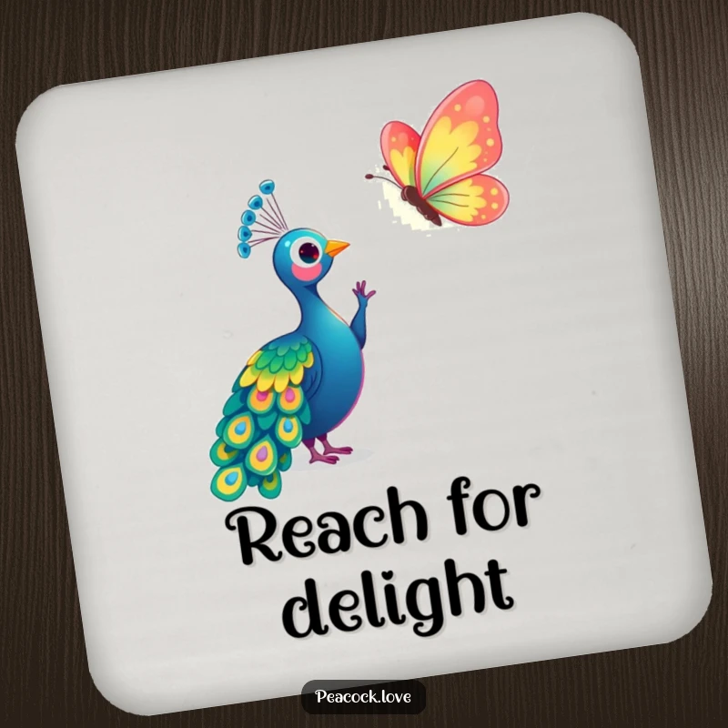 Funny Kawaii Peacock Butterfly Drink Coaster: Coaster with a peacock reaching for a shiny butterfly. Gift.