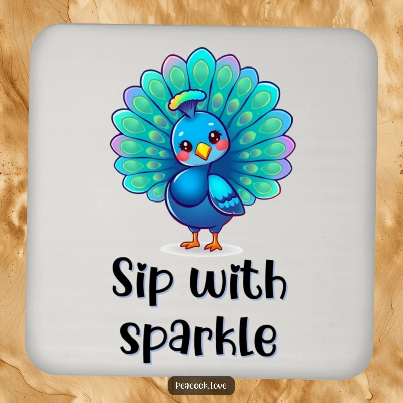 Funny Kawaii Peacock Drink Coaster: A proud peacock fans its iridescent tail feathers, adding elegant charm to table protection.
