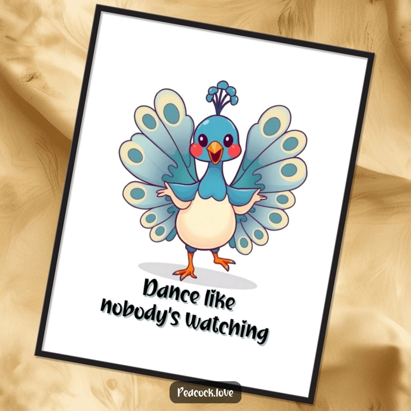 Funny Kawaii Peacock Poster: Hilarious bird is caught mid-dance, wings flapping madly in a funny, artistic display. Gift.