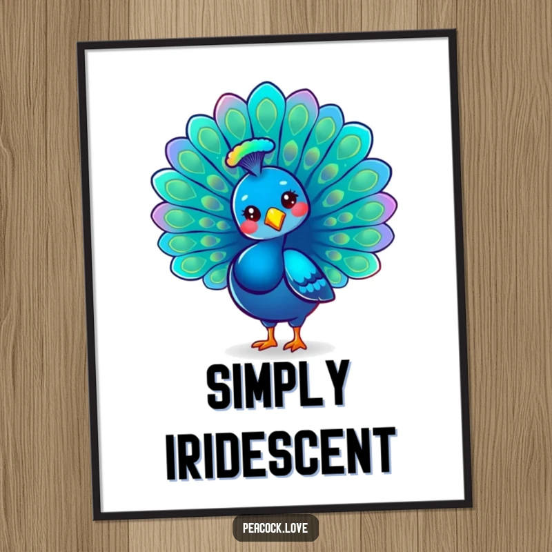 Funny Kawaii Peacock Poster: A proud peacock proudly fans its iridescent tail feathers, creating a stunning display of vibrant beauty.