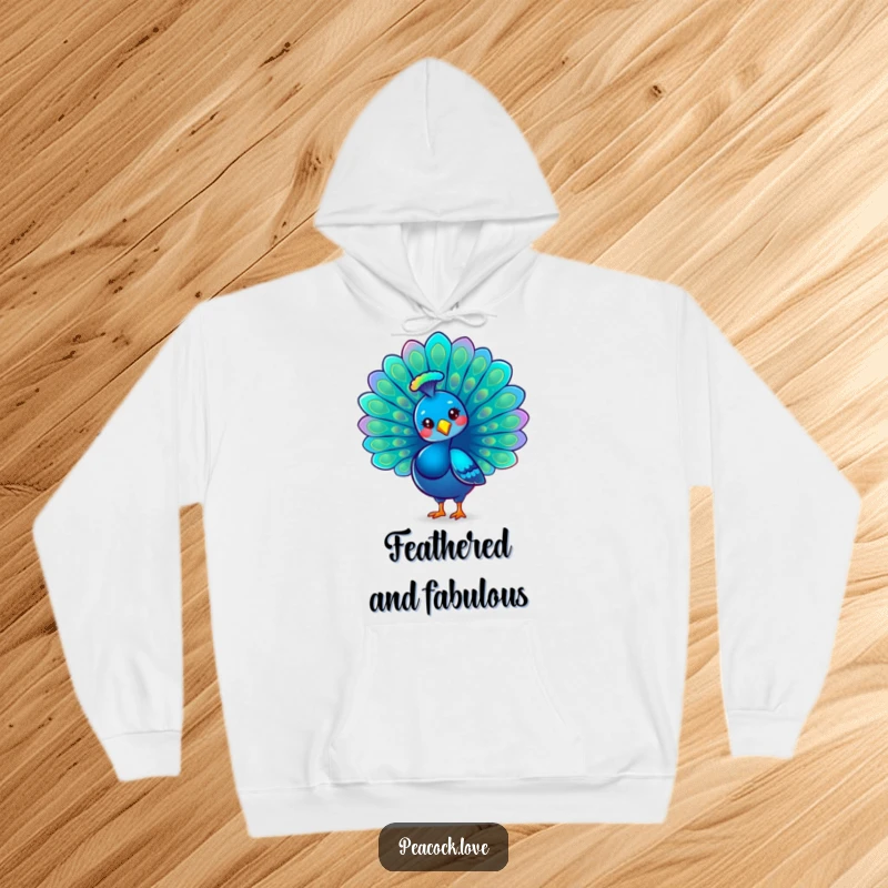 Funny Kawaii Peacock Hoodie: A proud peacock majestically fans its iridescent tail feathers, exuding elegance and cheerful pride.
