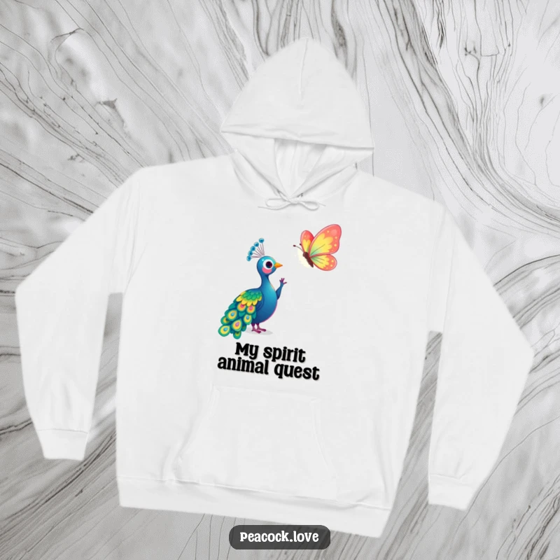 Funny Kawaii Peacock Butterfly Hoodie: Cozy sweatshirt with a cute peacock reaching for a colorful butterfly. Gift.