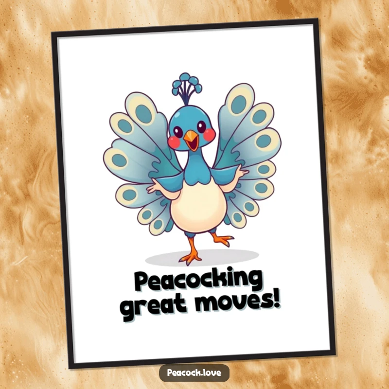 Funny Free Printable Wall Art: Kawaii peacock in a silly, spirited dance, wings flailing wildly, bringing laughter and color to any room.