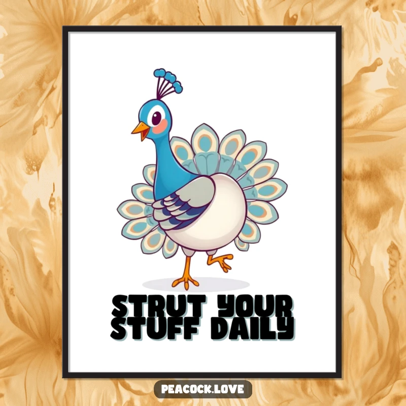 Funny Free Printable Wall Art: A kawaii peacock with a proud, happy expression, playfully strutting its way into your heart.