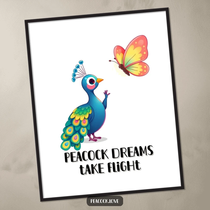 Free Printable Wall Art: A kawaii peacock gracefully reaching for a detailed, shimmering butterfly against a soft, artistic background.