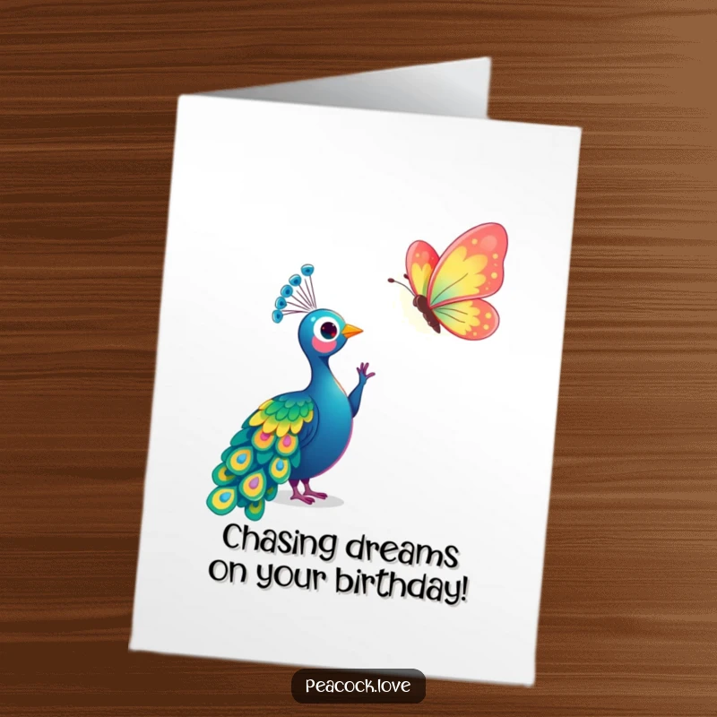 Free Printable Birthday Card: Kawaii peacock curiously reaching for a vibrant, shimmering butterfly, capturing a moment of wonder.