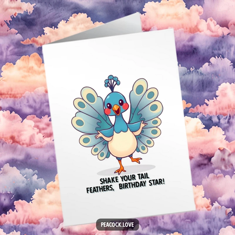Funny Free Printable Birthday Card: Kawaii peacock in a wild, flapping dance pose, spreading joy and laughter on their special day.