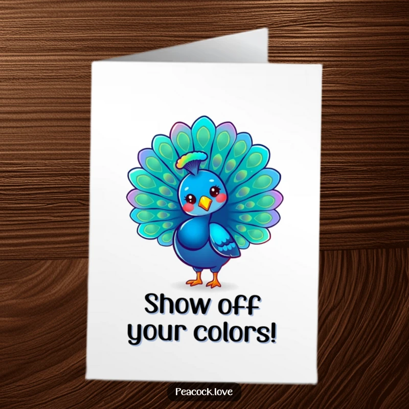 Funny Free Printable Birthday Card: A kawaii peacock proudly fanning its iridescent tail feathers with a regal look.