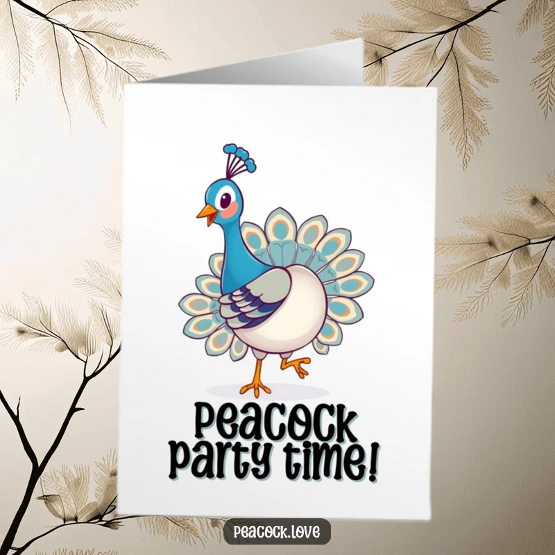 Funny Free Printable Birthday Card: A kawaii peacock playfully strutting with a very proud and happy facial expression.