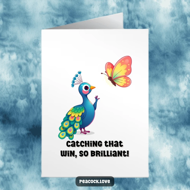 Free Printable Congrats Card: Kawaii peacock gently reaching for a colorful, shimmering butterfly, symbolizing pursuit and beauty.