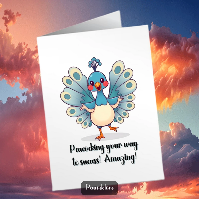 Funny Free Printable Congrats Card: Kawaii peacock doing a joyful, exaggerated dance, celebrating a big win with flapping wings.