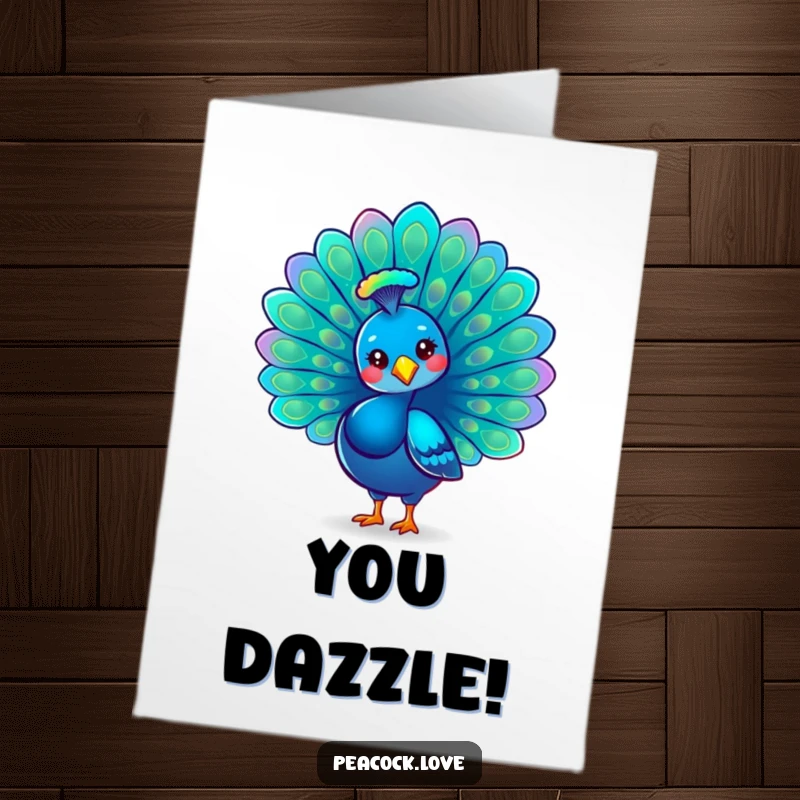 Funny Free Printable Congrats Card: A kawaii peacock showing off its iridescent, fanned tail feathers with pride.