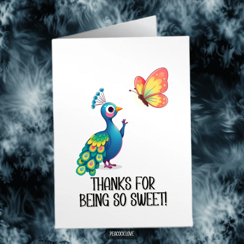 Free Printable Thank You Card: Kawaii peacock extending a wing towards a dazzling, colorful butterfly, a gentle gesture of thanks.