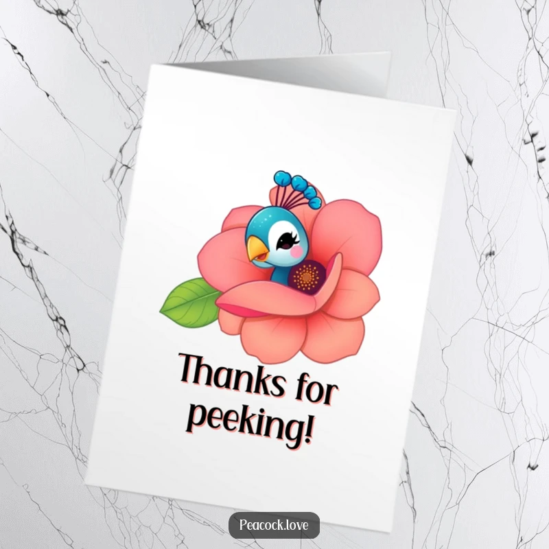 Funny Free Printable Thank You Card: A kawaii peacock peeking from a vibrant flower, delivering a playful wink.