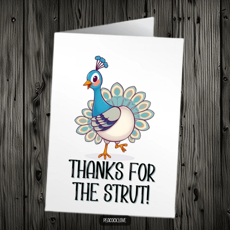 Funny Free Printable Thank You Card: A kawaii peacock strutting happily with a proud and joyful expression of thanks.