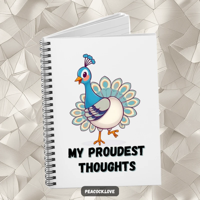 Funny Kawaii Peacock Notebook: Features a happy peacock playfully strutting with a proud expression, ideal for joyful note-taking.