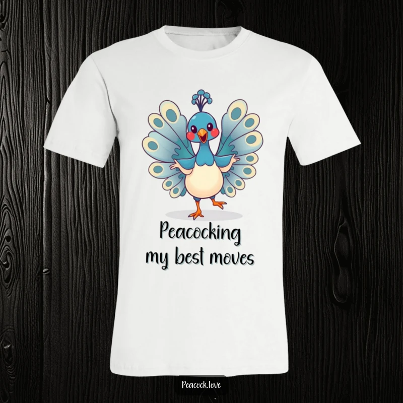 Funny Kawaii Peacock T-Shirt: A cute peacock performs an energetic, exaggerated dance, flapping its wings joyfully. Great gift.