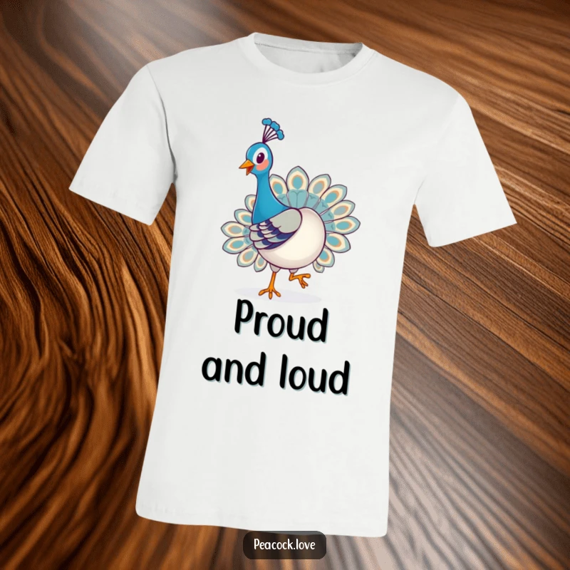 Funny Kawaii Peacock T-Shirt: A playful peacock struts confidently with a happy, proud expression, exuding pure joy.