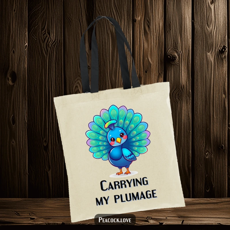 Funny Kawaii Peacock Tote Bag: A proud peacock fans its iridescent tail feathers with elegance, showcasing beauty and pride.