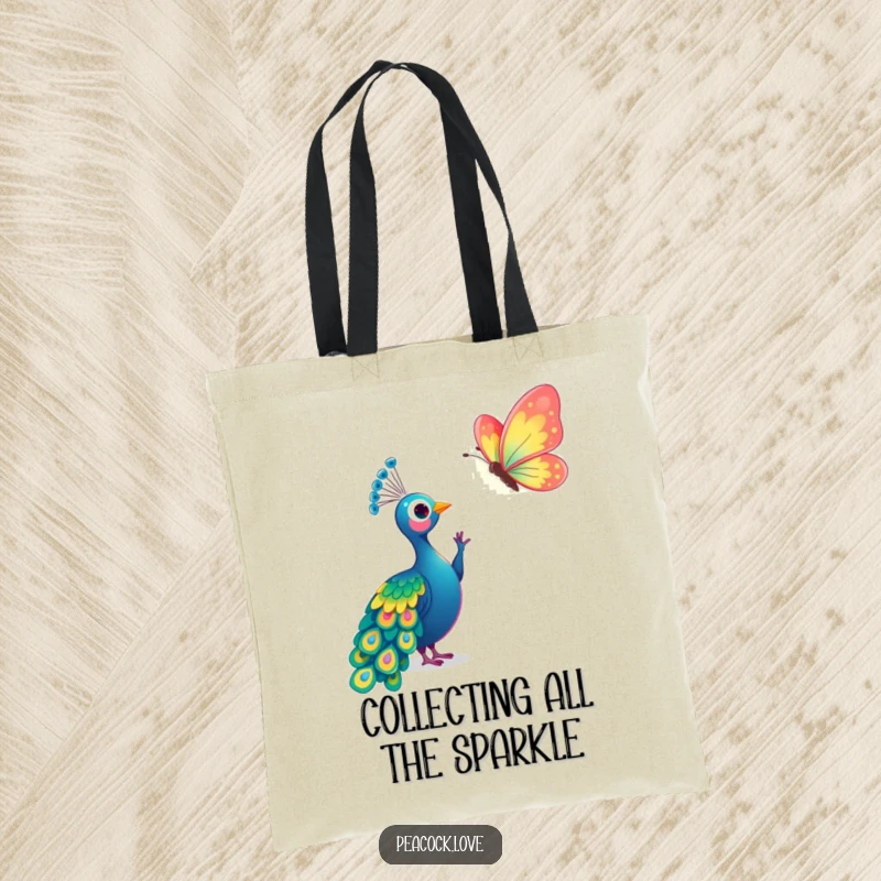 Funny Kawaii Peacock Butterfly Tote Bag: Whimsical bag with a peacock reaching for a shiny butterfly. Great gift.