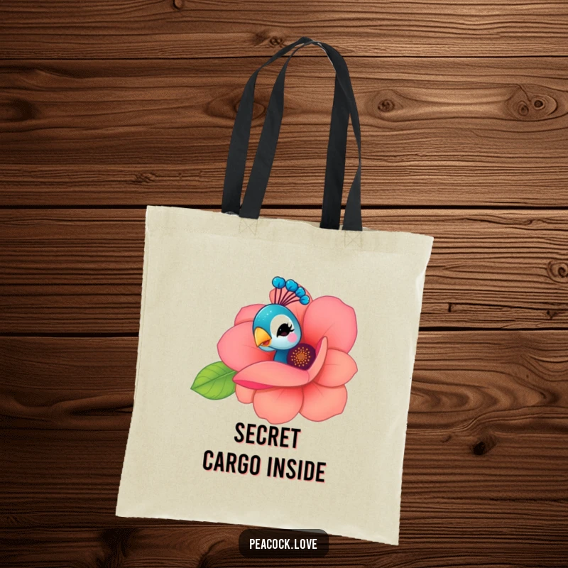 Funny Kawaii Peacock Tote Bag: A peacock playfully peeks from behind a flower, giving a wink, perfect for carrying your playful essentials.
